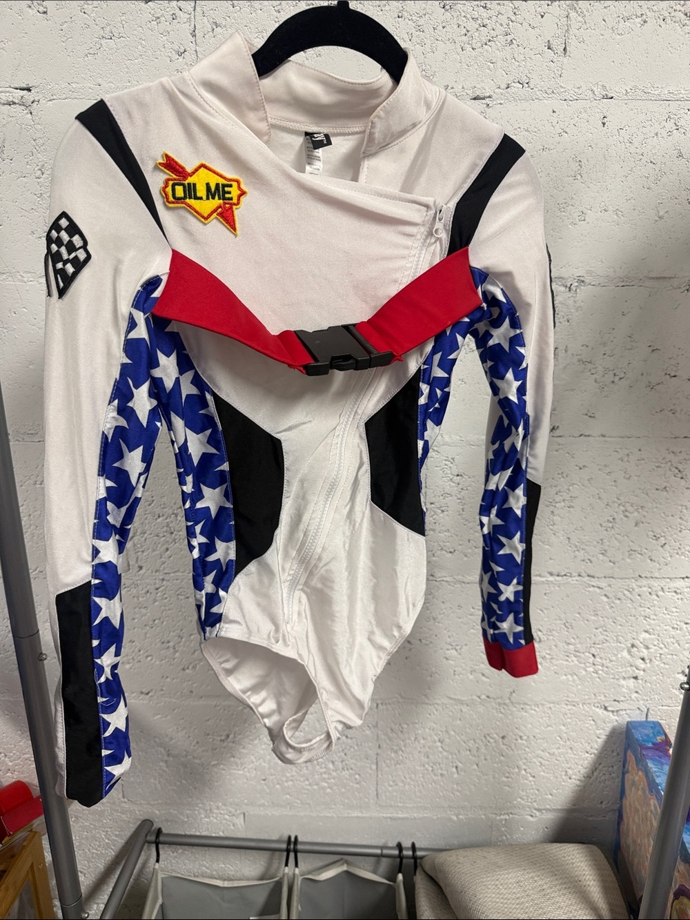 OIL ME Racer Star-Spangled Race Rider Costume - White, Blue & Red